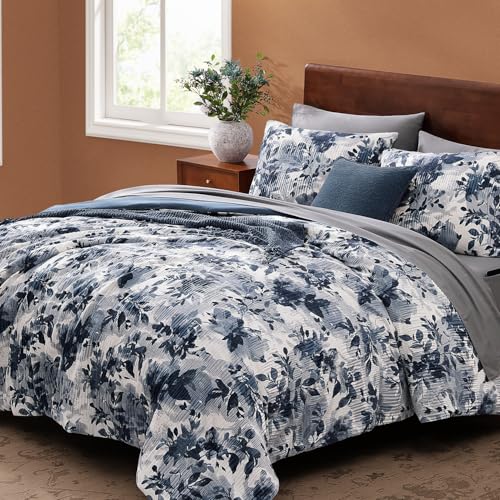 CASAAGUSTO Full Comforter Set, 7 PCS Navy Blue Floral Comforter Set with Flowers Leaves Pattern, Soft Velvet Design for Winter Full Size Bedding Set(80"X90")