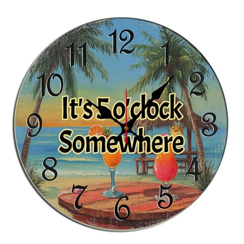 Horienteeon It's 5 o'Clock Somewhere Wall Clock Ti*Ki Bar Wooden Decorative Non Ticking Silent Quartz Bedroom Living Room Office Gym Kitchen Bathroom Patio Decor Decorative Clocks Round 12"