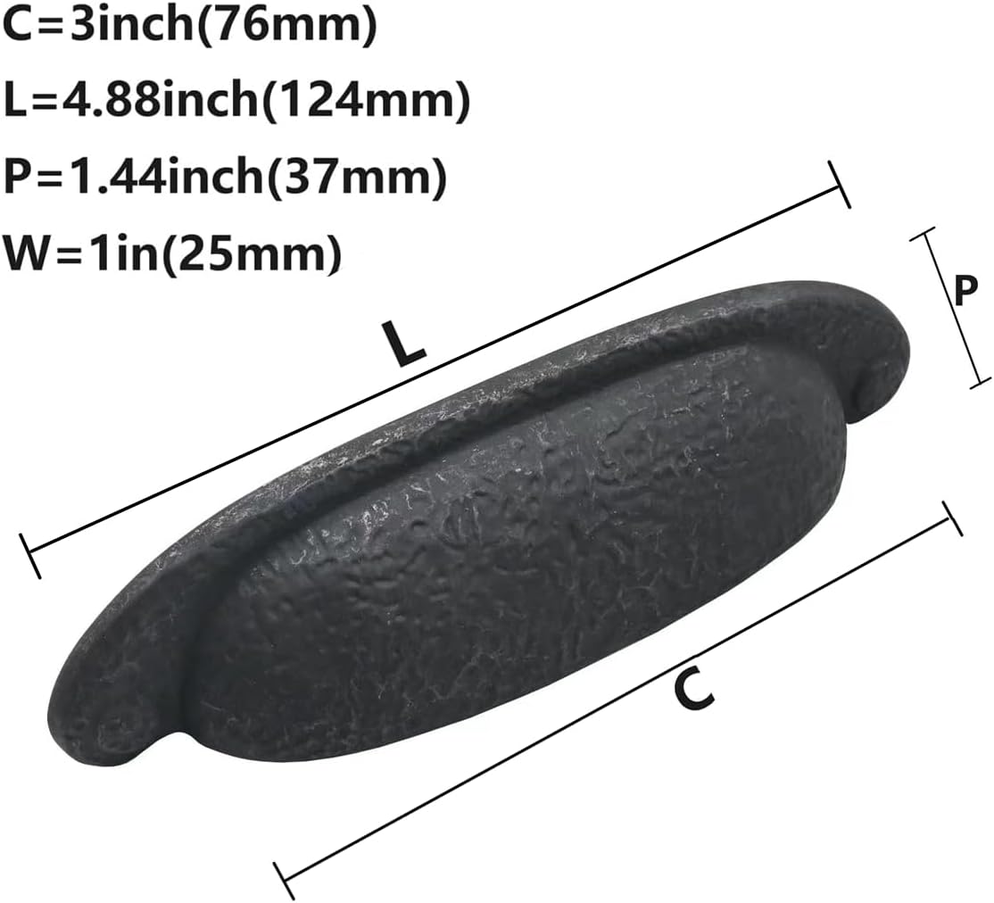 khtumeware 10 Pack 3 Inch Hole Center Black Iron Cup Drawer Pulls, Rustic Antique Black Cabinet Pulls Luxury Cabinet and Dresser Knobs, Handle Pulls for Doors & Drawers.