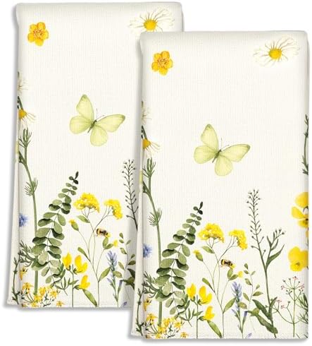 Cute Kitchen Towels Set of 2 - Dish Towels 18 x 26 Inch Microfiber Tea Towel for Home Decorative Butterfly Flower Spring Farmhouse Soft Reusable & Absorbent Aesthetic Vintage Design