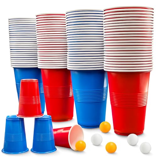 Bellanova Set da 100 Bicchieri Gioco da Festa 500 ml con 10 Palline da Ping-Pong, Bicchieri Rossi e Blu Riutilizzabili, Adatti a Giochi di Squadra, Feste, Campeggio e Bevande (50 rossi + 50 blu)