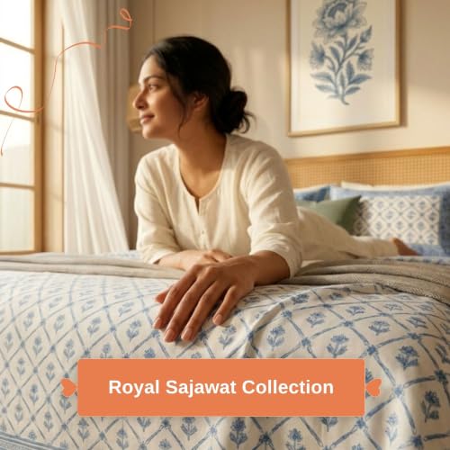 Image of Naksh Queen Size Bed Sheet Cotton | Dusty Blue Lattice Botanical Bedsheet with 2 Pillow Covers | Soft Breathable Blue Printed Bedding Set | Royal Sajawat Collection |