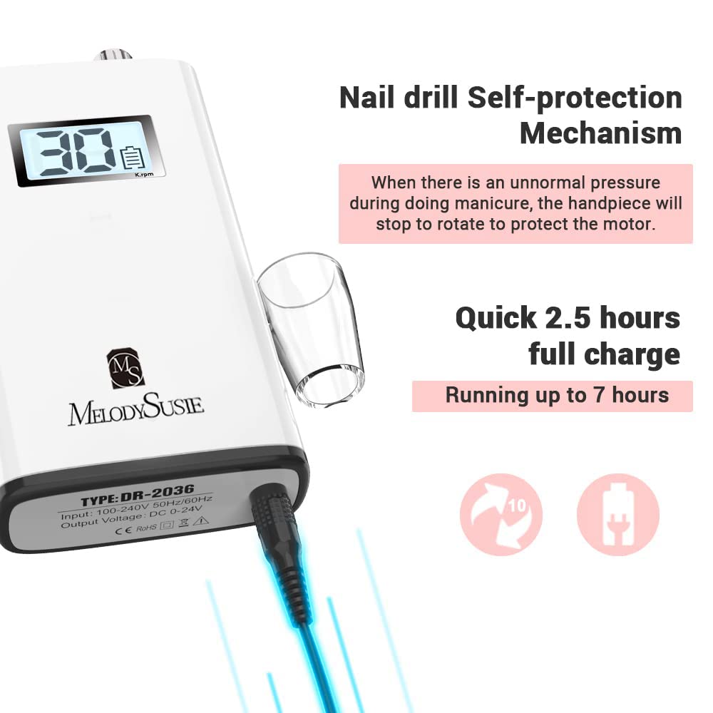 MelodySusie Professional Rechargeable 30000 rpm Nail Drill, Portable Electric E File Scamander, Acrylic Gel Grinder Tools with 6 Bits and Sanding Bands for Manicure Pedicure Shape Carve Polish (White)