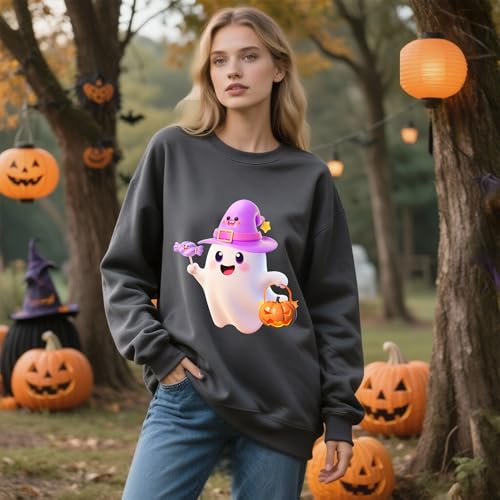 IRUD Halloween Sweatshirts for Women - Oversized Ghost Pumpkin Lantern Candy Pattern Round Neck Casual Long Sleeve - image 3