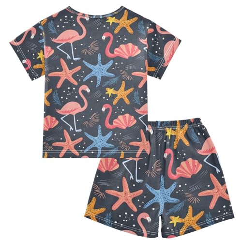 ALAZA Starfish Seashell Flamingo Blue Pajamas Short Sleeve 2 Piece Sleepwear Top and Bottom Pajama Set Unisex2