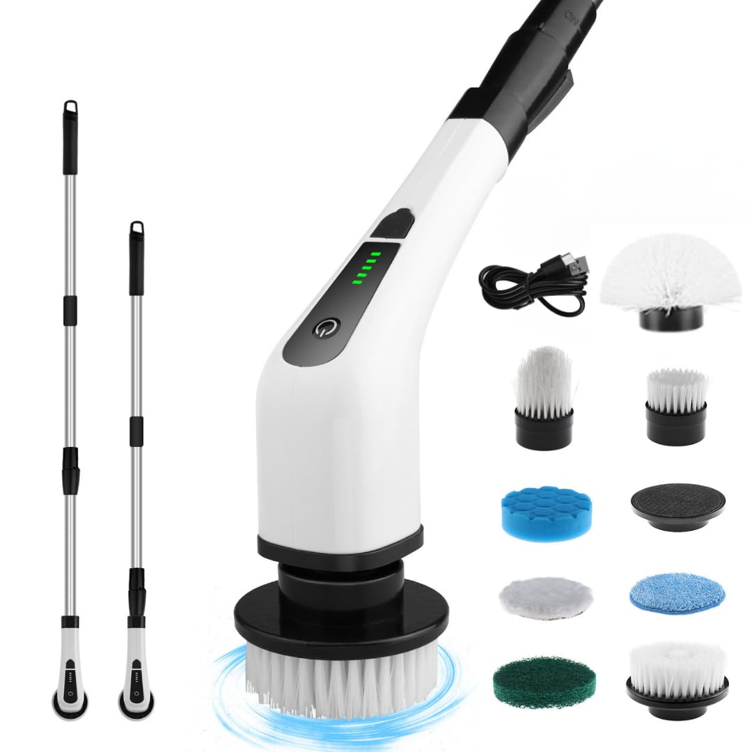 Electric Spin Scrubber Cordless Cleaning Brush with 8 Replaceable Heads Adjustable Handle Dual Speed Power Scrubber for Bathroom