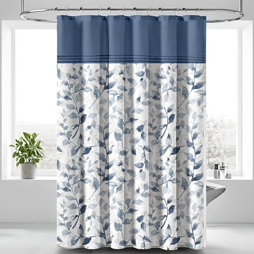 100% Recycled Cotton Blue White Leaf Print Shower Curtain –