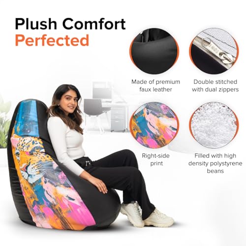 Image of Amazon Brand - Solimo Premium Faux Leather Bean Bag Combo with Footrest & Cushion, Filled with Beans | Capacity: Upto 6 Ft 3 in Height, 120 KG Weight | 4XL | Cheetah's Gaze | Black