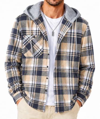 Image of SCODI Mens Flannel Hoodie Shirt Casual Button Down Plaid Long Sleeve Shirts