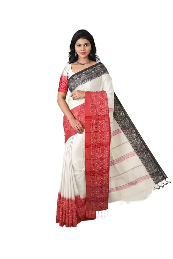 Image of eC ESHA'S COLLECTION Women's Cotton Blend Begumpuri Handloom Saree With Unstitched Running Blouse Piece (Off-White, Black, Red)