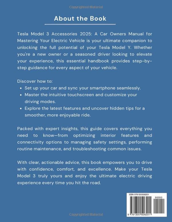 Zadní strana obálky uživatelské příručky k příslušenství vozu Tesla Model 3 2025