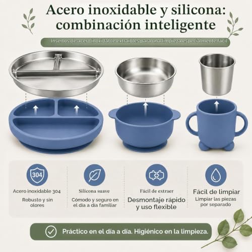 Miniatura 9 de Baby Esslern Set De Silicona Y Acero Inoxidable 304 Sin Bpa Platos, Cuencos, Vasos Con Asas, Cuchara, Tenedor Y Babero De Silicona Inserto Extraíble De Acero Inoxidable