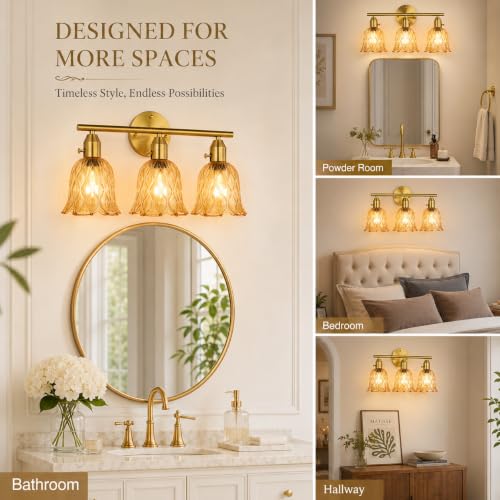 Image of 19.3 inch 3-Light Bathroom Light Fixtures, Gold Vintage Vanity Lights with Clear Amber Tulip Glass Shade, Bathroom Wall Lamp for Mirror Kitchen Living Room Hallway Cabinet Porch