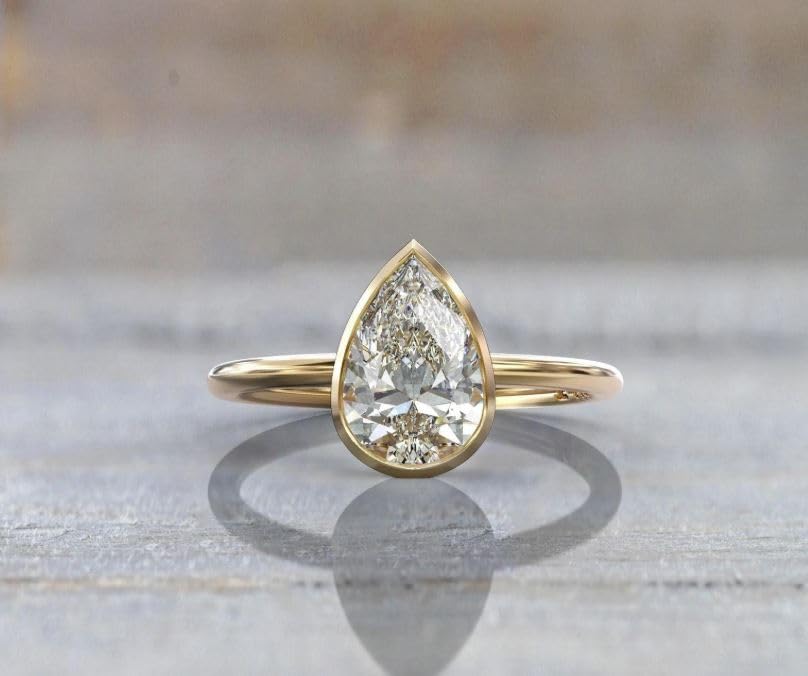2.5 Ct Pear Cut Engagement Ring, bezel setting pear shaped ring, 14K solid Gold plated Ring, Pear Cut yellow gold plated Teardrop solitaire ring,bezel daimond setting.4