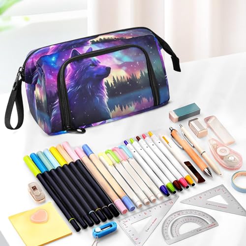 Image of Watercolor Galaxy Stars Wolf Pencil Case Pouch Big Capacity Pencil Bag Box Organizer Pen Case with Zipper Pencil Cases for Girls Boys Women Kids Adults School