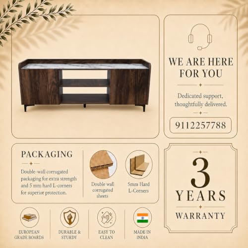 Image of Studio Kook Symphony Global 150 cm TV Unit, Junglewood with Marble Top | 150 cm engineered wood TV cabinet for 40-65 inch TVs, with two side cabinets, open shelves and a 70 kg tabletop capacity.