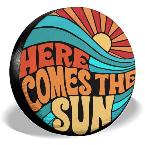 Image of GENANY Hippie Here Comes The Sun Size 15 Premium PVC Leather Spare Tire Cover, Universal Fit for RV Camper Trailer, Dustproof, Waterproof Tire Cover with No Camera Hole, Spring Car Decor