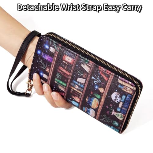 Image of Checkered Highland Cow Print Book Wallet For Women Skull Goth Frog Butterfly Ladies Cluth Wristlet Wrist Strap Long Purse Zip Around Card Holder