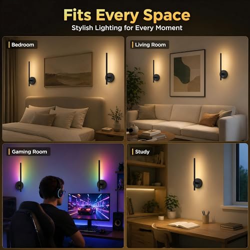 Image of L LOHAS LED Battery Operated Wall Sconces & Table Lamp Set of 2, 10000mAh Rechargeable Battery Wall Light with App Control, 3CCT Dimmable & DIY RGB, No Wiring Modern Sconce Wall Decor, Black