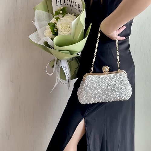Image of Women Pearl Evening Bag Bride Beaded Clutch Purse Cream White for Wedding Party