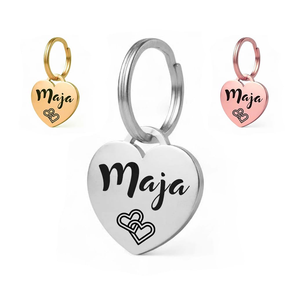 Dog ID Tag Heart Engraved | 25 mm Personalized Double-Sided | Rose Gold, Solid Brass or Stainless Steel Deep Engraving with name, telephone number, Pet ID (Silver)