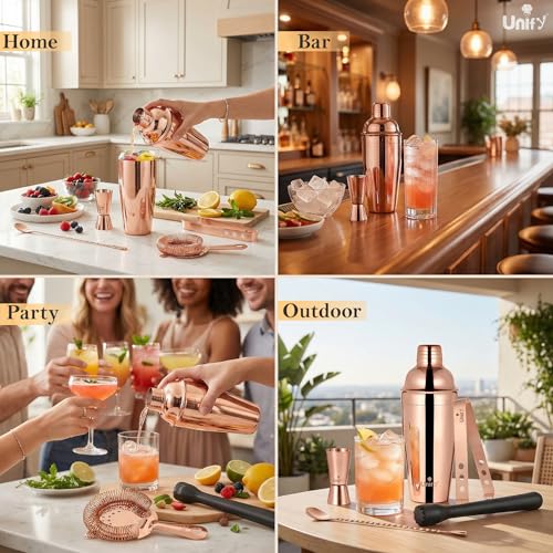 Image of Unify 6 Pieces Stainless Steel Bartender Kit | Rose Gold Cocktail Shaker Set for Home Bar & Parties | Includes Peg Measurer 30 /60ml, Bar Spoon, Ice Tong, Muddler, Strainer | Professional Bar Tool Set
