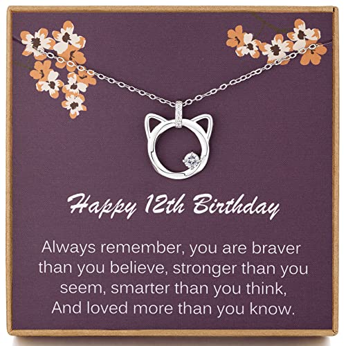 Weelody 12th Birthday Gifts for Girls, 925 Sterling Silver Cat Necklace with CZ Stone, 12 Year Old Girl Birthday Gift Ideas, Cute Cat Necklace for 12th Girls