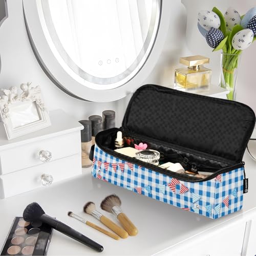 Organizador 2 en 1 para herramientas de cabello con almohadilla resistente al calor, portátil para planchas, rizadores, y estilizadores, azul con estampado vichy miniatura 7