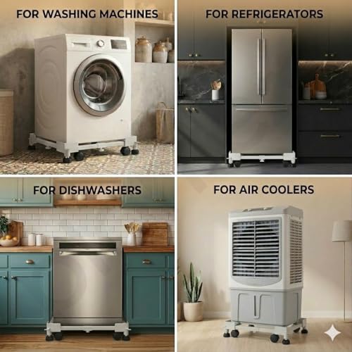 Image of CARE N TOUCH Adjustable Washing Machine Stand with Wheels | Front & Top Load 7kg-10kg | Fridge & Cooler Stand | Anti-Vibration Rust-Proof Metal Base | Up to 170 KG White
