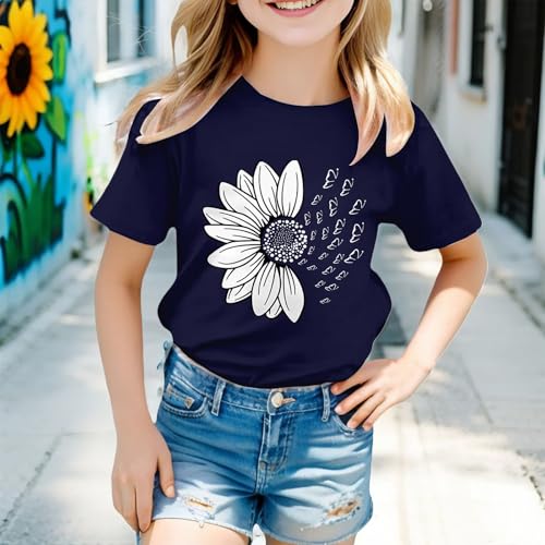 Girls Flower Print T Shirts Loose Fit Summer Basic Tshirts Tops Sunflower Graphic Crew Neck Tees Blouse for Kids3