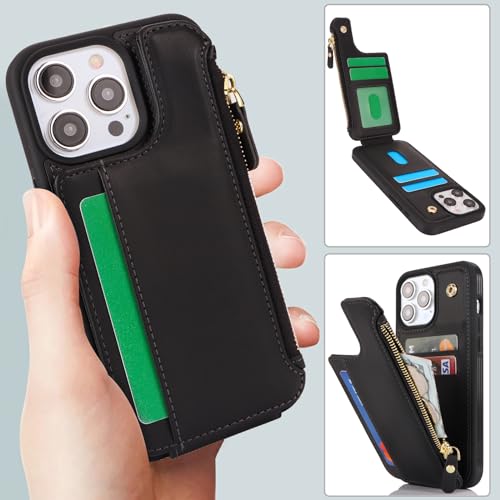 Cavor for iPhone 11 Pro Max Case with Card Holder,iPhone 11 Pro Max Wallet Case for Women Men,Phone Case iPhone 11 Pro Max Case with Wallet,Leather Magnetic Clasp Zipper Pocket Card Slots Cover-Black