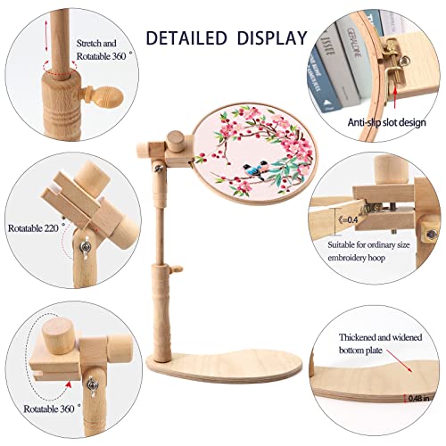 Image of ZOCONE Beech Wood Adjustable Rotated Embroidery Hoop Stand with 2 Pcs 6'' 8'' Embroidery Hoops, Wooden Embroidery Stand, Embroidery Hoop Holder for Cross Stitch and Embroidery Project (A)