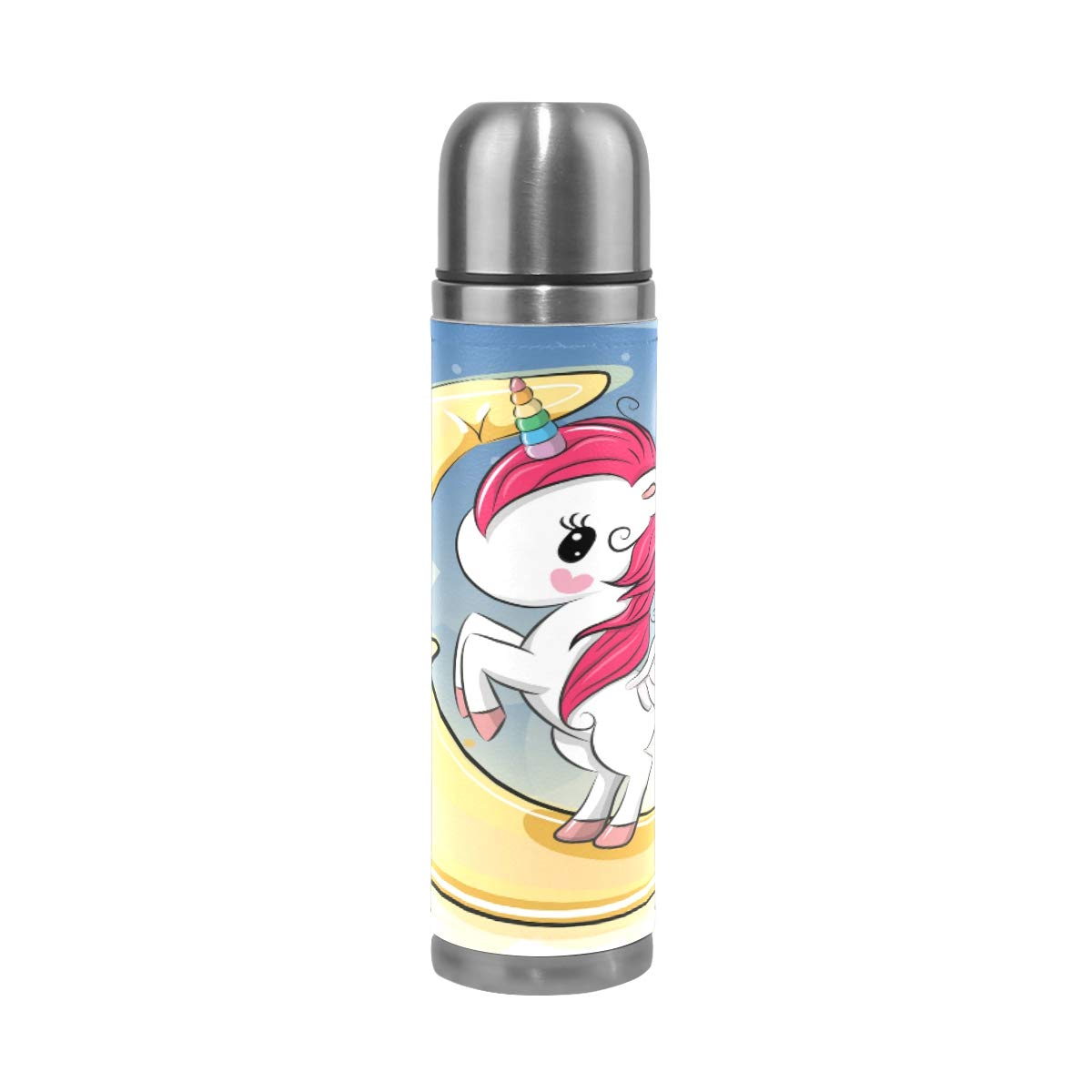 Taza de viaje aislada al vacío de acero inoxidable con doble pared a prueba de fugas, botella de taza con diseño de unicornio con estampado personalizado impreso en piel auténtica, 500 ml