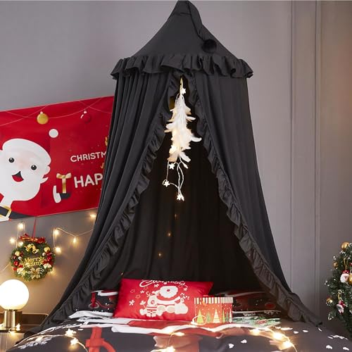 Image of VETHIN Bed Canopy for Girls,Princess Round Dome Dreamy Mosquito Net Bedding Girls Room Castle Play Tent Hanging House Decor Reading Nook Canopies (Black)