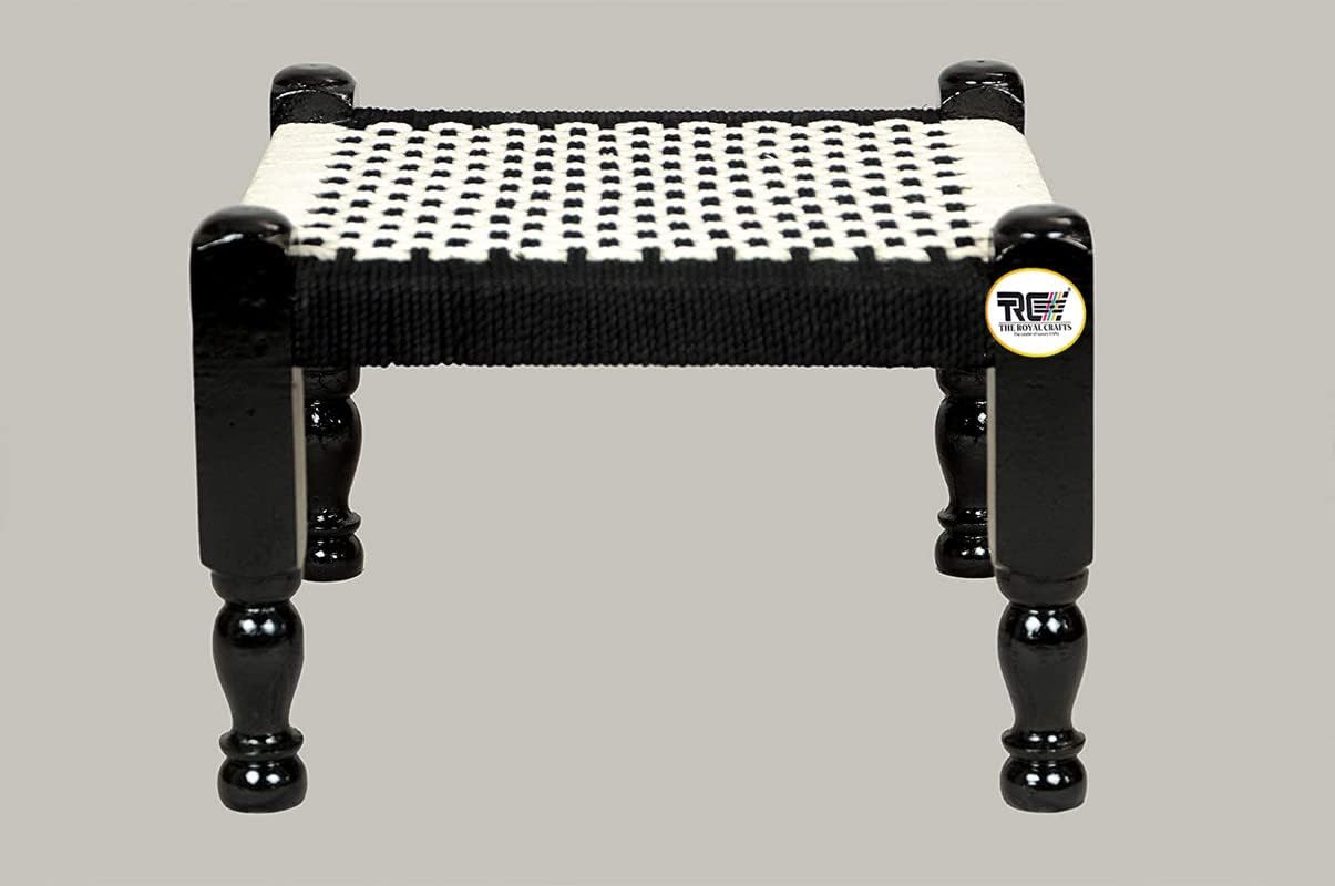 THE ROYAL CRAFTS Traditional handicrafts Black and White Cotton Rope 12 inch Wooden khatli Stool mudda pidda rajwadi Furniture (12 INCH) 1