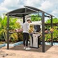 Domi Hardtop Grill Gazebo 8x5FT, Grill Canopy for Outdoor Grill w/Double Galvanized Steel Roof and 2 Side Shelves, BBQ Gazebo Grill Tent for Patio Garden Backyard, Grey