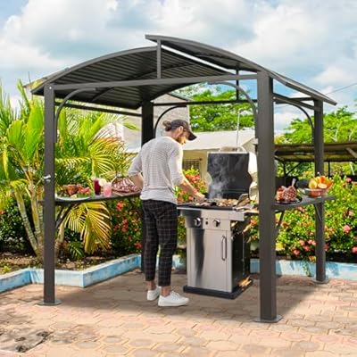 Domi Hardtop Grill Gazebo 8x5FT, Grill Canopy for Outdoor Grill w/Double Galvanized Steel Roof and 2 Side Shelves, BBQ Gazebo Grill Tent for Patio Garden Backyard, Grey
