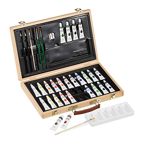 Relaxdays Einsteiger Malkoffer mit Acrylfarben Maletín de Pintura de 35 Piezas, Colores Acrílicos, Lápices, Mezclador, Pinceles, Sacapuntas, Madera, Natural, 5 x 37 x 27,5 cm
