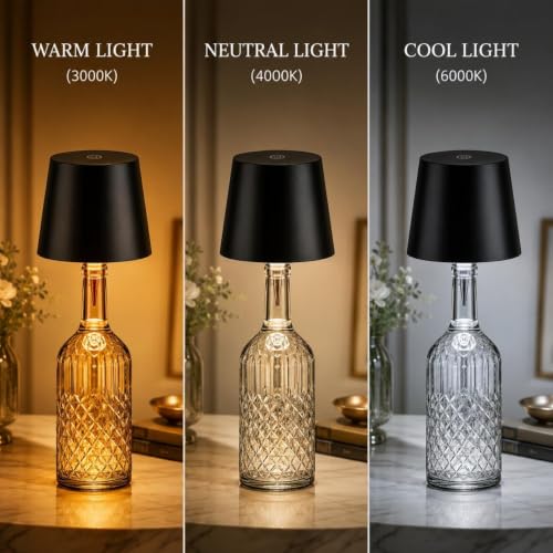 Image of One94Store Wireless Bottle Lamp, Rechargeable Cordless LED Table Lamp with 3 Colour Modes, Touch Dimming, Portable Battery Desk Night Light for Cafe, Restaurant, Bedroom & Living Room, Black.