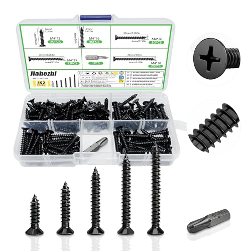 Jiahezhi 152 Pcs Self-Tapping Screw Set - M4 x 12/16 /20/25 /30 mm Phillips Cross Head Countersunk Screws for DIY Repairs & Furniture Assembly