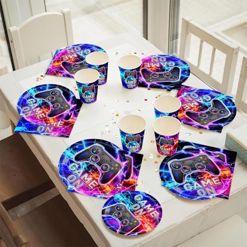 120pcs Video Game Party Plates Napkins Game on Birthday Party Supplies Neon Video Ppaer Cup Gaming Tableware Party Supplies for Boys Girls Gamer Party Serve 24 Guests - Image 6