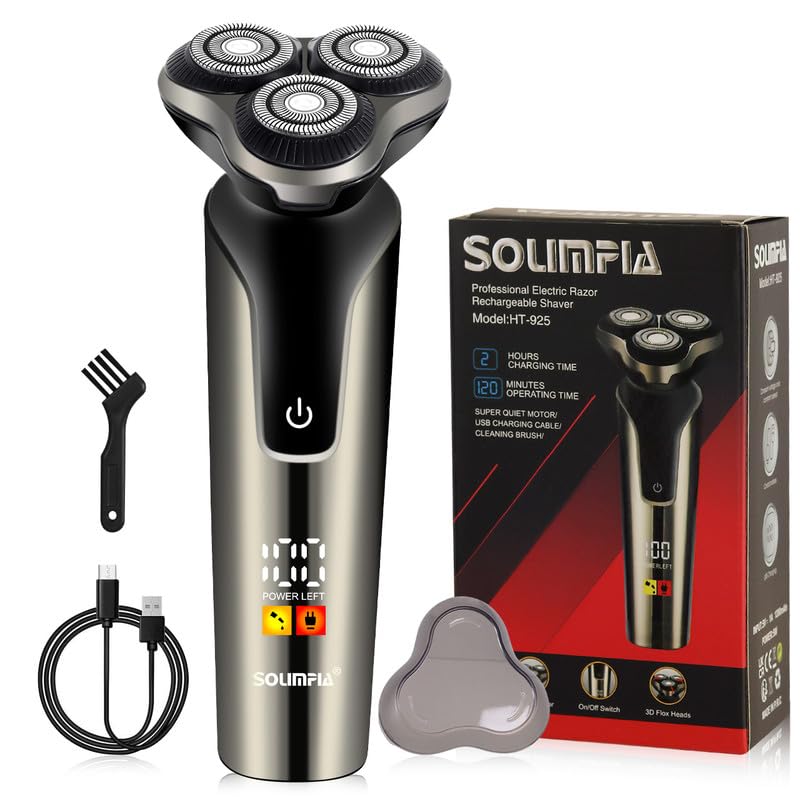 Image of SOLIMPIA HT-925 Cordless Rechargeable Waterproof 3 Head Electric Shaver Wet & Dry Rotary Shavers for Men Super-Fast Charge 120 minutes Runtime with LED Digital Display