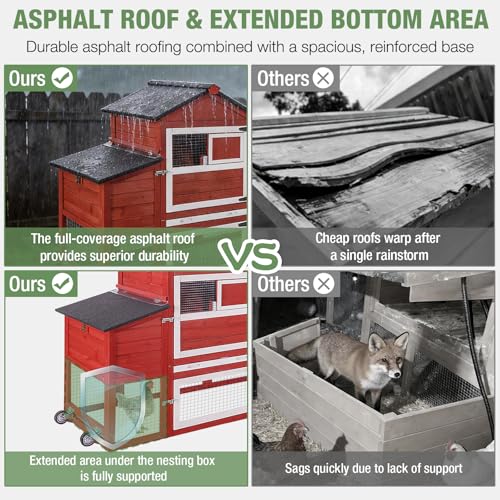 Image of Mobile Chicken Coop with Wheels for 4-6 Chickens, Large Outdoor Hen House with Run, Weatherproof Asphalt Roof, Sectionable Nesting Box & Pull-Out Tray, 82.4 inch L x 25.8 inch W x 44.1 inch H - Red