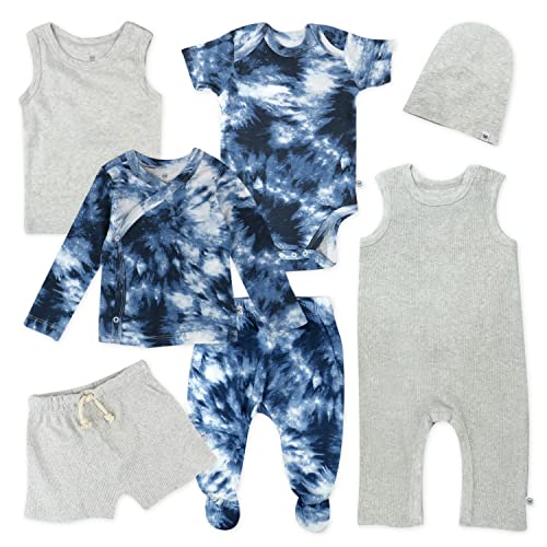 HonestBaby Multipack Gift Bundle Sets Mix Match Outfits 100% Organic Cotton for Newborn Infant Baby Boys, Girls, Unisex, 7-Piece Tie Dye Blues, Newborn