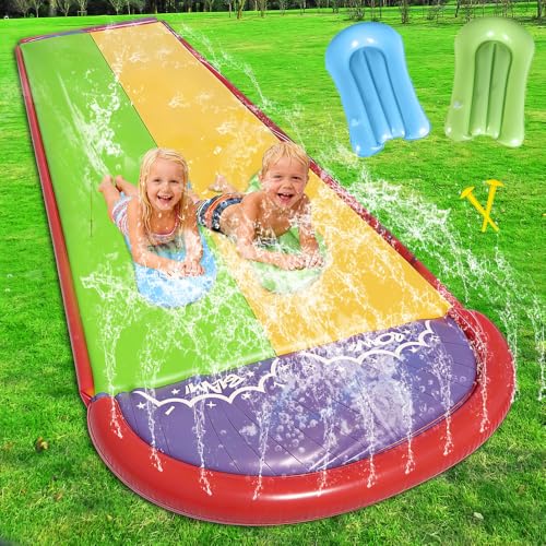 KUWUNG Toboggan Aquatique, 19.7ft/600cm Toboggan Aquatique avec 2 Bodyboards, Double Piste Géant Tapis de Glisse Eau et Arroseur Intégré pour Jardin Enfants