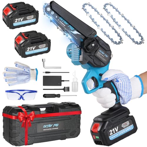 DETLEV PRO Motosierra Bateria 8 Pulgadas Motosierra Eléctrica con Baterías de 8000mAh 2 Cadenas Sierra Electrica Podar Arboles de Jardinería y Madera