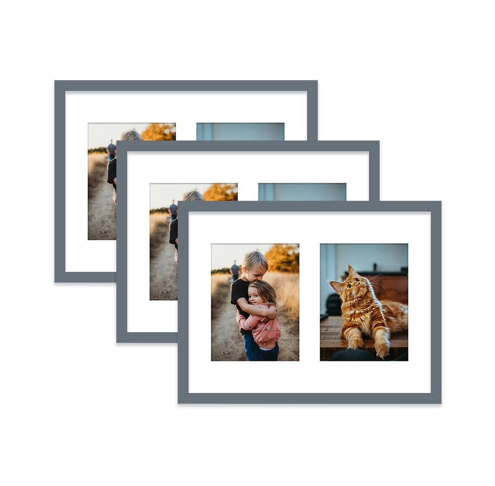 Grey Multi Photo Frame - Holds 2 x 8x6 Pictures, Family Collage Picture Frame for Wall Display, 16x12 Frame size, Set of 3