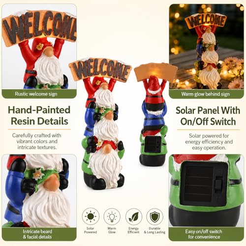 Mantaoilfe 9.25" Stacked Gnome Welcome Decor with Lighted Sign, Resin Holiday Gnome Figurine, Perfect for Porch, Entryway, Balcony, Patio, Solar Garden Lights Outdoor for Mom, Grandma, Gardeners — view 4