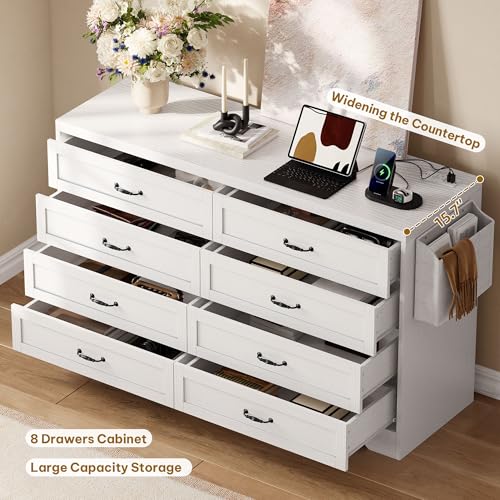 DWVO White Farmhouse8 Drawer Dresser, 47.2" W Large Vintage Double Dresser Chest of Drawers with Charging Station and Side Organizer Bag, Wood Storage with Retro Metal Handle for 300lbs for Hallway