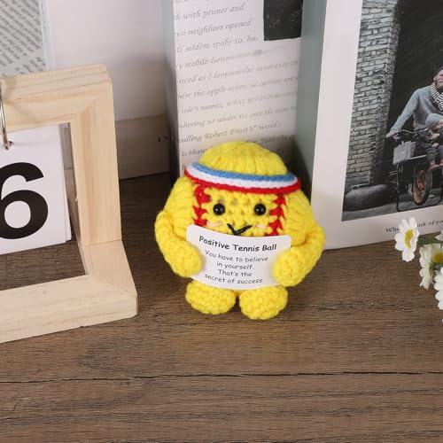 Image of TOYMIS Positive Tennis Ball, Cute Funny Inspirational Crochet Tennis Ball Positive Knitted Doll Gadget with Encouraging Card for Sports Enthusiasts & Party Favor